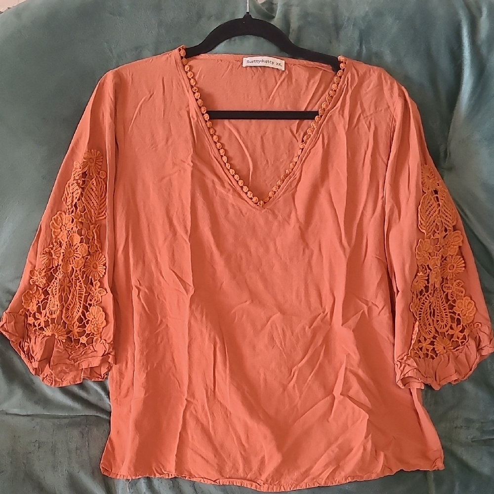 Women's Orange Top with Lace Sleeves